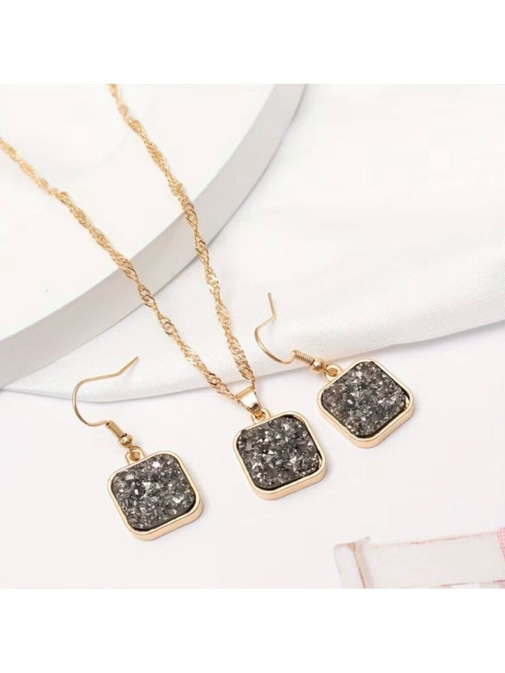 Charcoal Gray Druzy Textured Earring 1.15” & Necklace 15.75” Set